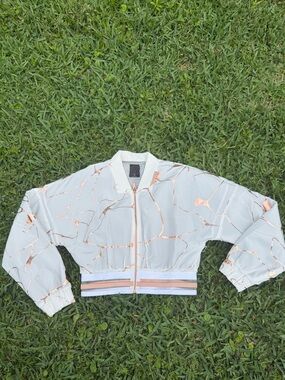 Lime & Vine Gwen Crop Jacket White Alabaster Rose Gold Metallic Bomber Size S
